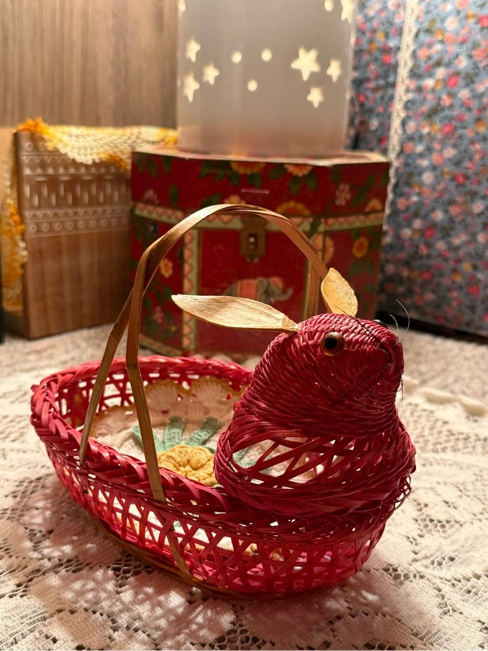 Vintage Wicker Bunny Rabbit Basket Red Wooden Rattan Ears Button Eyes & Whiskers